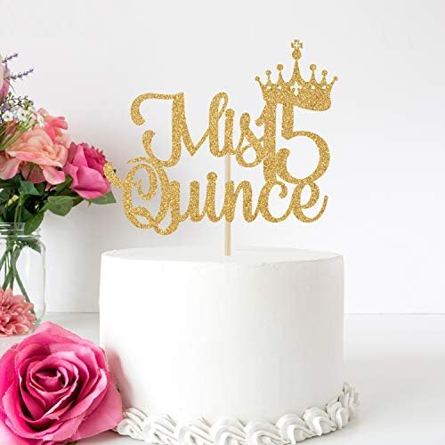Mis Quince 15 Cake Topper, Hello 15, Cheers to 15 Years, 15th Birthday/Anniversary Party Decorations Gold Glitter.