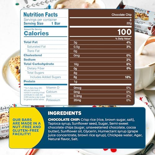 Blake’s Crispy Treats – Chocolate Chip (36 Count), Nut Free, Gluten Free, Dairy Free & Vegan, Healthy Snacks for Kids or Adults, School Friendly, Low Calorie Soy Free Snack
