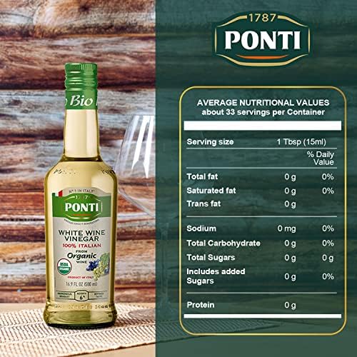 Ponti 100% Italian White Vinegar for Cooking - Organic White Wine Vinegar with Balanced Acidity – Ideal for Salads, Vegetables & Marinades – USDA Certified, 16.9 fl oz