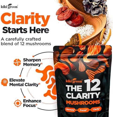 KIKI Green 12 Mushroom Powder 4 oz - Lion's Mane, Cordyceps, Chaga, Reishi, Shiitake, Maitake & More - Vegan, Fruiting Body Mushroom Supplement Powder for Focus, Energy, Immunity