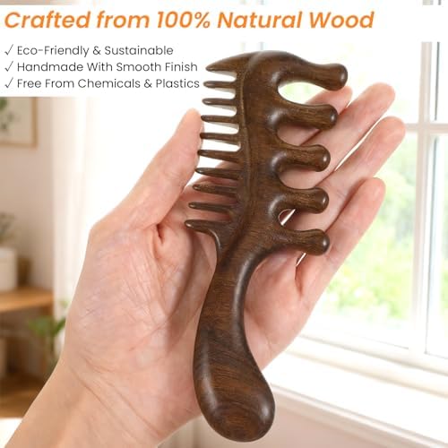 Wooden Scalp Massager Comb, Natural Sandalwood Wide Tooth with Handle for Men Women Elderly Hair Growth, Scalp Care Stress Relief Detangling Tool for All Hair Types
