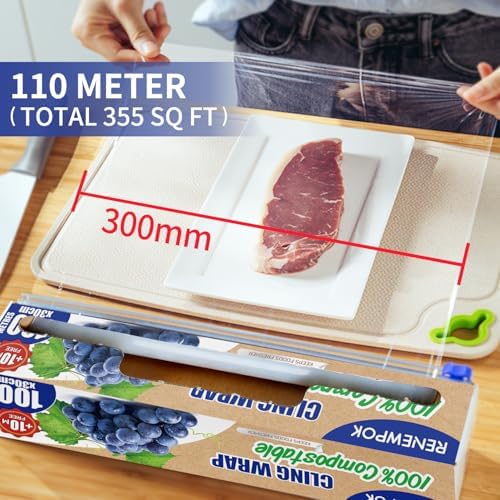 100% Compostable Plastic Wrap Dispenser With Slide Cutter 12 inch Food Service Cling Film Wrap Roll - 12" x 360 Ft ECO friendly Food Wrap(The Slide Cutter stored in The Inner core of The roll)