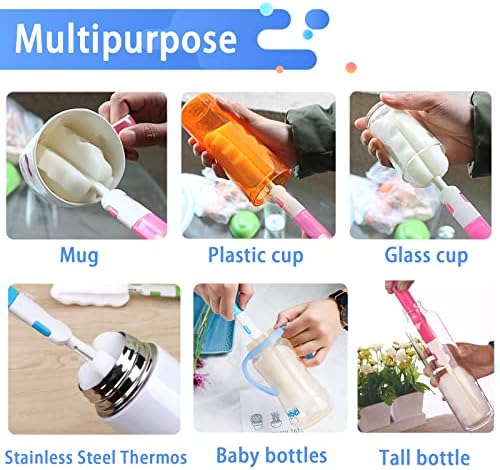 Bottle Brush Sponge Cup Brush Set with 4 Replacement Brush Head Portable Long Handle Water Bottle Cleaner Brush, for Baby Bottles Vacuum Flasks (4 Brushes + 4 Heads)