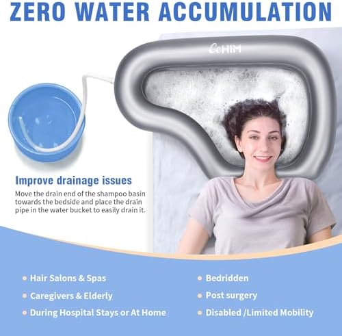 Portable Inflatable Shampoo Basin for Bedridden Elderly, Hair Washing Bowl with Drain Hose & Neck Support, PVC Inflatable Shampoo Bowl for Bedridden Patients, Disabled, Seniors, Kids, Home Care