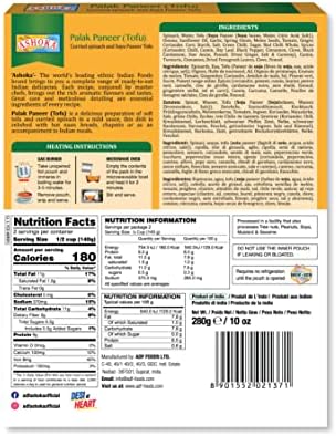 Ashoka Entrees 1932, Plant-Based Tofu & Spinach Curry, All-Natural, Ready to Eat Meals, Palak Paneer, Kosher Certified, Great for Offices, Instant Meals with No Preservatives, Pack of 10