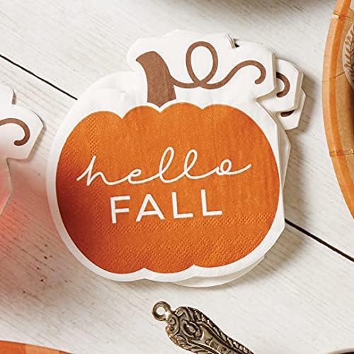 C.R. Gibson TW4-24063 Hello Fall Pumpkin Disposable Paper Cocktail Napkins for Thanksgiving and Halloween, Orange, 20pcs, 5" x 5"
