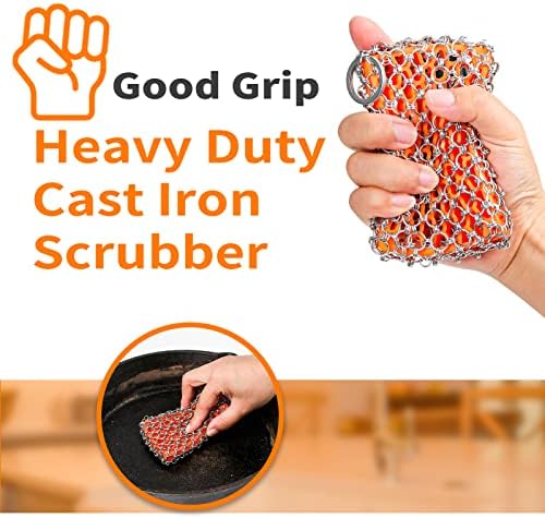 Herda 316L Cast Iron Scrubber Cleaner, Large Cast Iron Chain Mail Scrubber - Chainmail Scrubber Sponge - Metal Skillet Scrubbing, Wok, Dutch Oven Cleaning Kit-Detachable