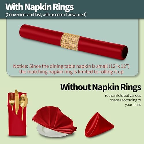 100 Pack Red Satin Napkins and Napkin Rings Set,12 x 12 Inch Silky Soft Cloth Napkins Set of 50,Square Satin Dinner Table Napkins Bulk for Wedding Banquet Restaurant Graduation Party Decoration
