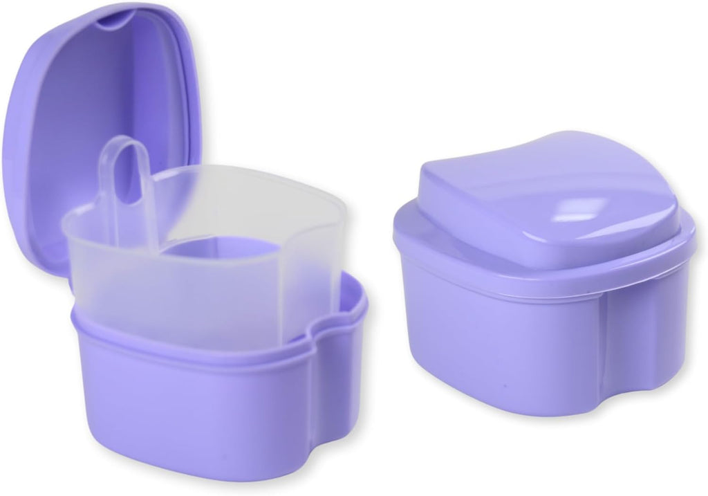 Denture Case, Denture Box with Strainer, Night Cleaner Denture Bath Box for Retainer, Mouthguard, False Teeth, and Denture Cleaning (Purple)