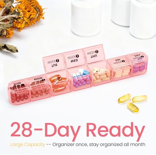 Betife Monthly Pill Organizer 1 Time a Day, 4 Weekly Pill Box Organizer Once a Day, 28 Day Large Pill Case for Travel, 28 Day Daily Medcine Container for Vitamins, Supplement & Medication (Pink)