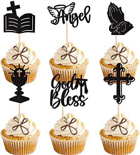 24 PCS God Bless Cupcake Toppers Glitter Angel Cross Cupcake Picks Grail Cross Cupcake Decoration for Church Baptism First Communion Baby Shower Birthday Party Cake Decorations Supplies Black