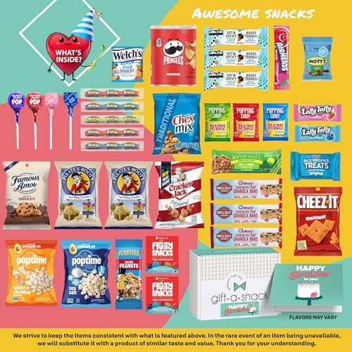 Gift A Snack - Happy Birthday Snack Box Variety Pack Care Package + Greeting Card (45 Count) Bday Sweet Treats Gift Basket, Candies Chips Crackers Bars - Office Food Assortments
