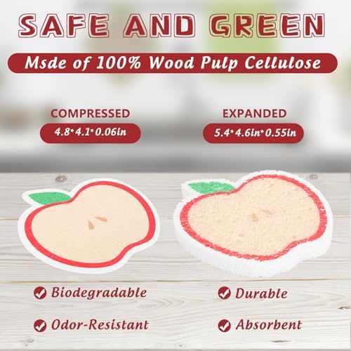 JarThenaAMCS 12Pcs Fruit Shaped Kitchen Sponges 6 Design Cute Apples Orange Watermelon Strawberry Water Absorbing Dish Washing Sponges Non Scratch Household Cleaning Scrub Tools for Washing Dishes