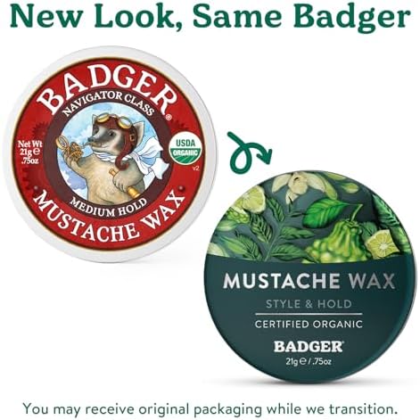 Badger Mustache Wax, Medium Hold, Light Masculine Scent, Easy to Apply, Certified Organic Versatile Moustache & Beard Wax, .75 oz Tin