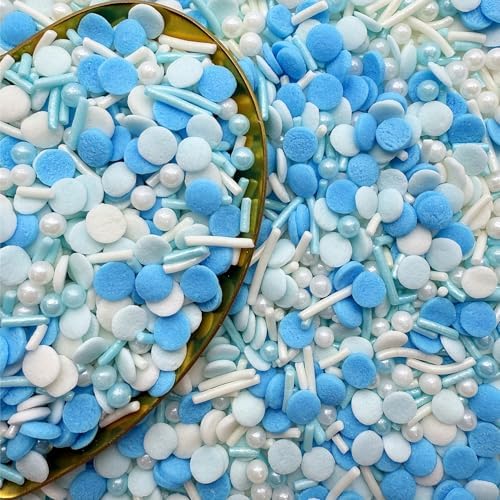 CandiJumpin Light Blue and White Pearl Sprinkles, Edible Pearls and Jimmies Mix Baby Blue and White Sprinkles Crunchy Jimmies Edible Pearls for Cake Decorating Pearl Decoration for Baking Baby Shower Party Birthday Wedding Christmas Supplies 3 OZ