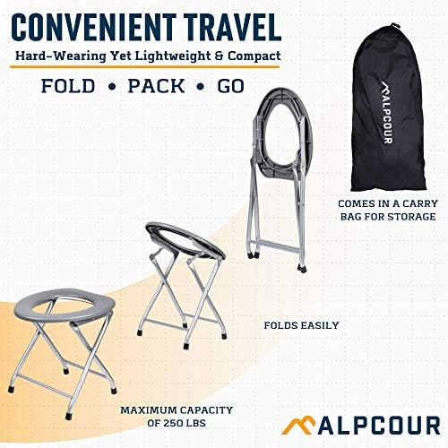 Alpcour Portable Toilet Seat – Compact Lightweight Indoor & Outdoor Commode w/Built-In Bag Hooks & Travel Bag – Heavy-Duty Stainless-Steel Chair is Durable & Convenient For Camping, Travel & Emergency
