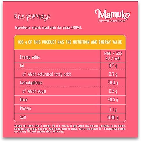 MAMUKO Organic Porridge - Rice Porridge with No Added Sugar, Milk & Preservatives - High Fiber Porridge Developed with EU Experts - Healthy Porridge Ideal for Little Ones from 4+ Months - 12 Servings