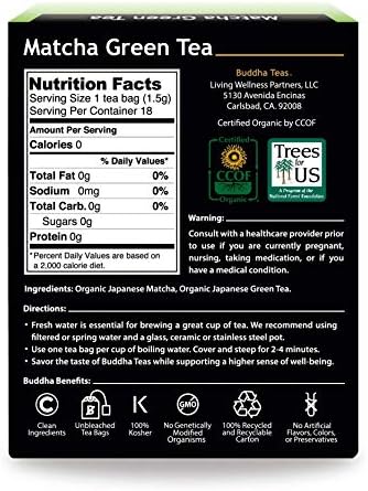 Buddha Teas - Organic Matcha Green Tea - For Health & Wellbeing - Organic Tea - With Antioxidants & Minerals - Clean Ingredients - Caffeinated - OU Kosher - 18 Tea Bags (Pack of 1)