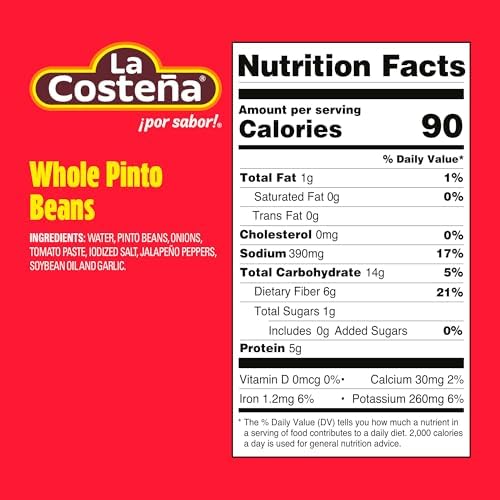 La Costeña Whole Pinto Beans - Ready-to-Eat Canned Pinto Beans for Mexican Food, Vegetarian Chili Ingredients, Bean Dip, Bean Burger, Burrito & Vegan Protein Salad - 19.75 oz, 12 Pack Canned Food