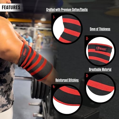 Beast Power Gear Elbow Sleeve (Pair) Dual-Ply Elbow Support & Compression for Powerlifting Weightlifting Heavy Bench Press Men & Women (Black/Red, Medium)