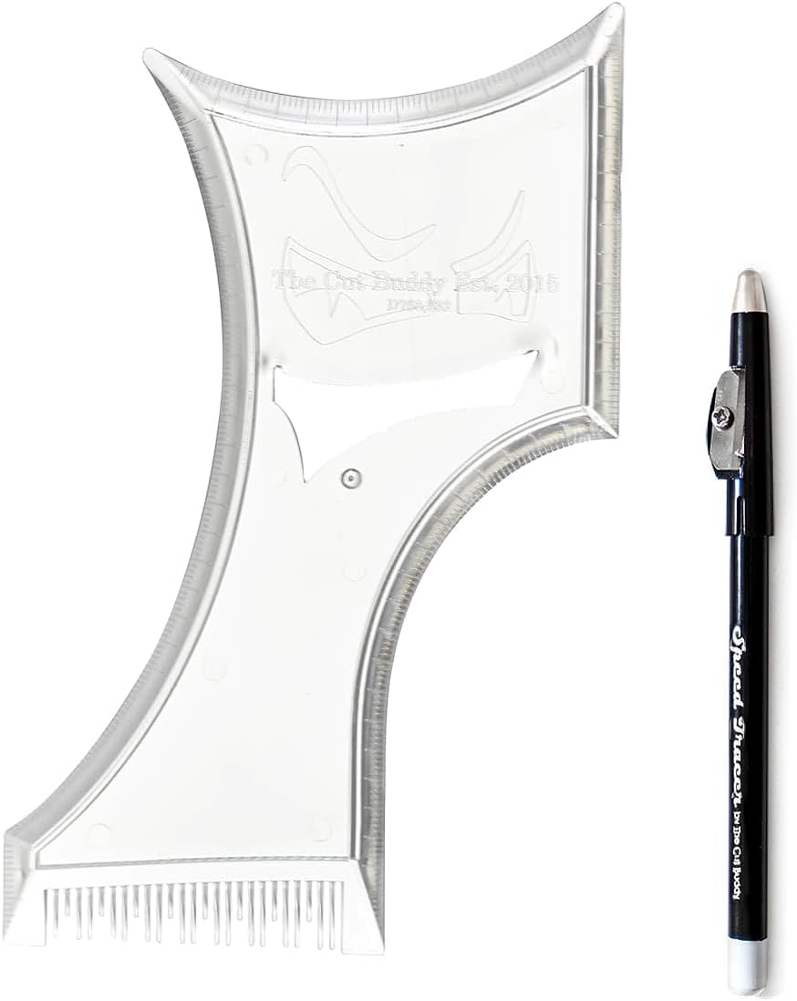 The Cut Buddy PLUS Beard Shaping Tool, Clear Template with Built-in Comb and Bonus Pencil, Ideal for Hairline, Beard, and Mustache Trimming