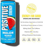 Positive Energy Beverage | Melon Mania | 12-oz Can, Pack of 12 | Zero Sugar Energy Drink, Supports Immunity and Hydration