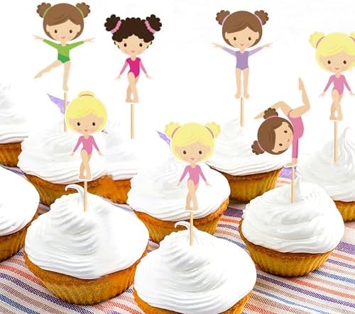 24PCS Girl Cake Toppers Set, Ballerina/Gymnast/Fairy/Cheerleader Designs, Birthday Party Cupcake Decorations for Girls for Baby Girl Birthday, Baby Shower Decorations (Gymnast Girl)