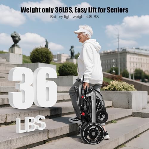 Electric Wheelchairs for Adults Foldable 36LBS Lightweight, 15 Miles Travel Range, Max Support 350 LBS, 500W Brushless Motors with LED Light, Airline Approval-Full Silver Color with New Armrests