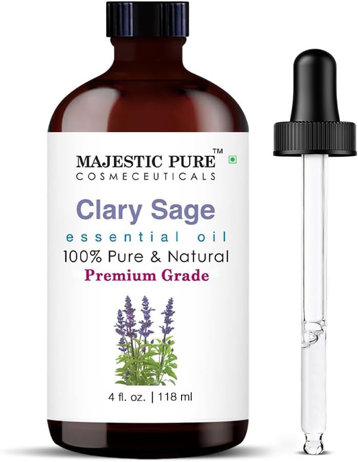 Majestic Pure Essential Oil with Glass Dropper - 100% Pure and Natural - Essential Oils for Diffuser, Aromatherapy, Soap and Candle Making, Clary Sage Essential Oil, Clary Sage Oil, 4 Fl Oz