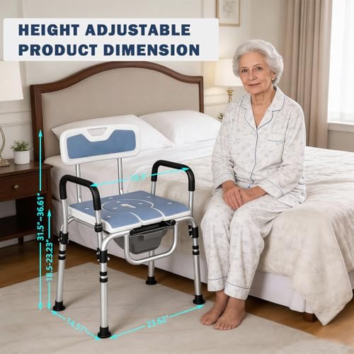 3 in 1 Bedside Commode Chair & Shower Chair for Elderly Adults, Portable Toilet with Adjustable Height, Arms & Removable Bucket for Home Care