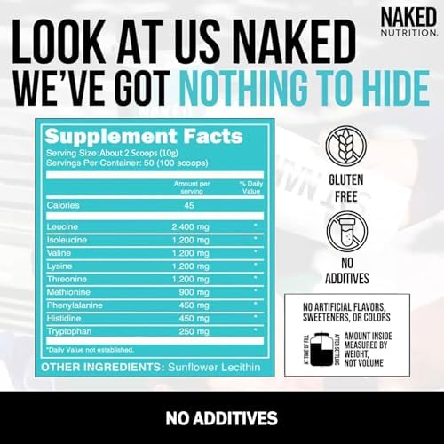 NAKED EAAs Amino Acids Powder - 50 Servings - Vegan Unflavored Essential Amino Acids 500 Grams - Instantized All Natural EAAs Powder Supplement