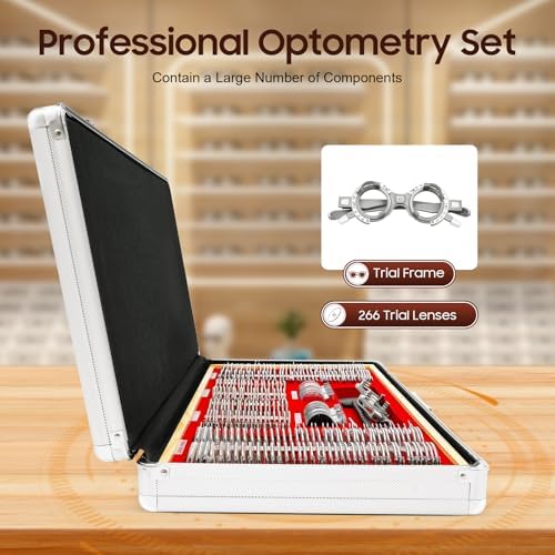 266Pcs Optical Trial Lens Set Optometry Kit Metal Rim Ophthalmic Lenses + Aluminum Case + Trial Frame + Cross Cylinders (266Pcs/Set)