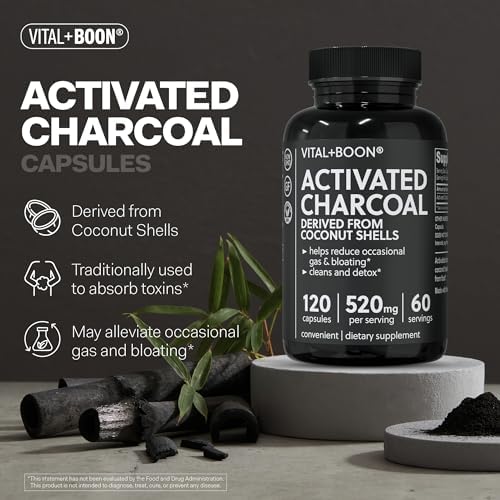Vital+Boon Activated Charcoal Pills – Derived from Coconut Shells – Black Charcoal Binder for Stomach, Gas & Bloating Relief – Gluten Free Vegetarian Active Carbon to Support Detox (120 Capsules)