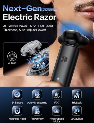 Electric Razor for Men, 4D Floating Rotary Razor, Wet & Dry Waterproof IPX7, USB-C Fast Charging, LED Display, Adaptive Speed Control, Low Noise Cordless Electric Razor with Travel Lock