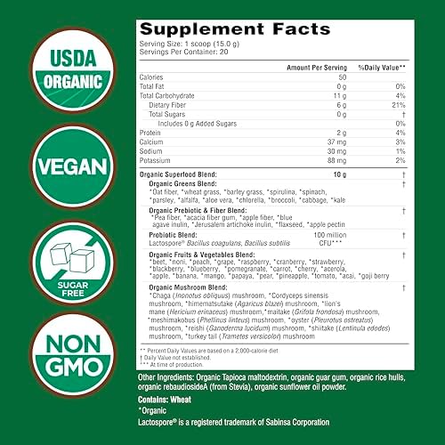 Country Farms Organic Super Greens Natural Flavor, 50 Organic Super Foods, Packed with Fiber, USDA Organic Drink Mix, Fruits, Vegetables, Mushrooms & Probiotics, Supports Energy, 6g Fiber
