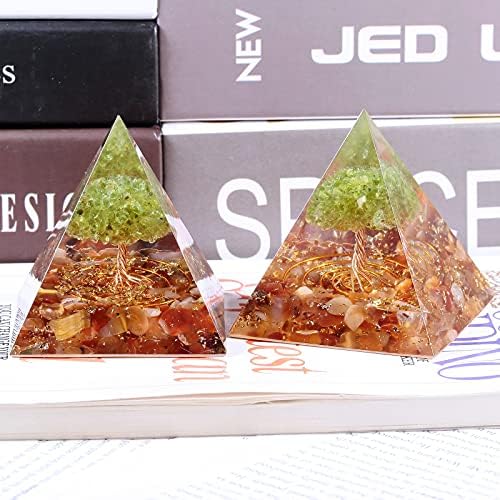 SUNYIK Orgone Pyramid & Orgone Pendulum Set, Tree of Life Orgonite Energy Generator & Orgone Crystal Points Pendulum for Divination Meditation Chakra Balancing, Carnelian