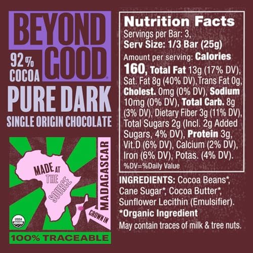 Beyond Good 92% Cocoa Pure Dark Chocolate | 12 Pack - Chocolate Bars | Organic, Direct Trade, Vegan, Kosher, Non-GMO | Single Origin Heirloom Madagascar Dark Chocolate