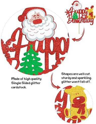 Glitter Joyeux Noël Themed Happy Birthday Cake Topper Christmas Cake Topper Christmas Cake Decorations with Christmas Tree Deer Santa Claus Cake Decorations Happy Birthday Party Supplies
