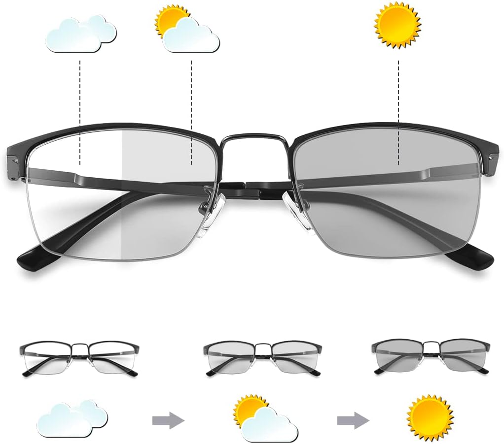 MIRYEA Photochromic Transition Progressive Multifocus Reading Glasses Spring Hinges UV400 Sunglasses Anti Glare Sun Readers