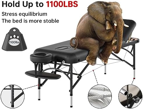 CLORIS 84" Professional Massage Table Portable 3 Folding Lightweight Facial Salon Spa Tattoo Bed Height Adjustable with Carrying Bag & Aluminium Leg Hold Up to 1100LBS