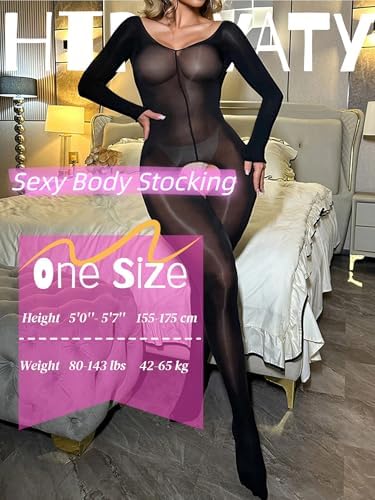 HTRUIYA Shiny Body Stocking Sexy Women Lingerie Sheer Bodystocking Long Sleeved Low Neck Body Stocking