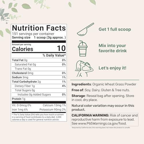 Sustainably US Grown, Organic Wheat Grass Powder (100% Whole-Leaf), 16 Ounce , Rich in Immune Vitamins, Fibers and Minerals, Support Digestion Function, Vegan Friendly