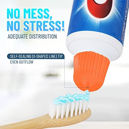 Self-Closing Toothpaste Cap, [Orange] Pack of 6 Mess-Free, Toothpaste-Saver Silicone Cap with Self-Sealing Tip - Stylish See-Through Design, Fits Any Toothpaste Tube