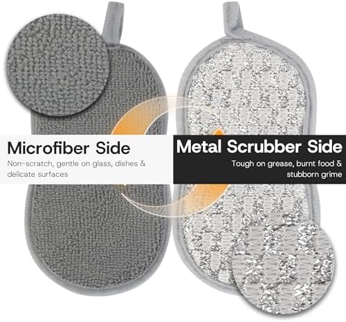 Multi-Purpose Scrub Kitchen Sponges – 12 Pack Dish Sponge, Dual-Sided Non-Scratch Microfiber & Metal Scrubber, Reusable Sponges for Dishes, Pots, Glass, Sink, Stovetop & Bathroom (Gray)