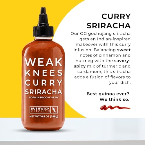 Weak Knees Curry Sriracha Hot Sauce - Infused with Aromatic Curry Spices & Bold Korean Gochujang Paste for Rice, Vegetables & Marinades - Made in the USA - 10.5oz Squeeze Bottle