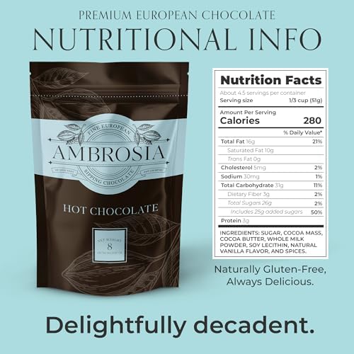 Ambrosia Classic Sipping Chocolate - Handcrafted with 100% Real European Cocoa - Our European Drinking Chocolate Makes Luxurious & Velvety Smooth Hot Coco (Classic, 8oz. Packet)