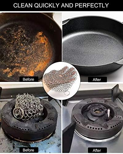 Cast Iron Skillet Cleaner Chainmail,2 Pack Premium Stainless Steel Chain Maille Scrubber for Cast Iron Pans,Stainless Steel,Glassware(7IN &5IN Round)