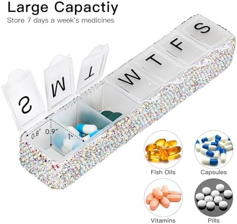 Soleebee Portable Weekly 7 Day Pill Organizer, Bling Crystal Pill Box Case, Travel Pill Planner, Pill Dispenser, Medicine Vitamin Container Organizer (AB)