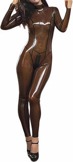 Women Transparent Black Latex Catsuit With Crotch Zipper Customized