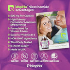 biophix B-3 Nicotinamide 500 mg 180 Caps - Nicotinic Amide Niacin Natural Flush-Free Vitamin Formula - Supports Skin Cell Health